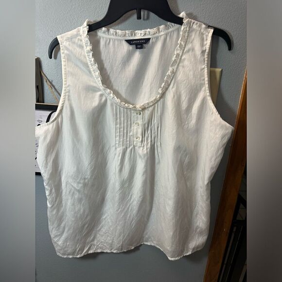 Land's End Sleeveless White Ruffle Blouse Size 14 Petite Swiss/ Baulmole - Picture 3 of 9